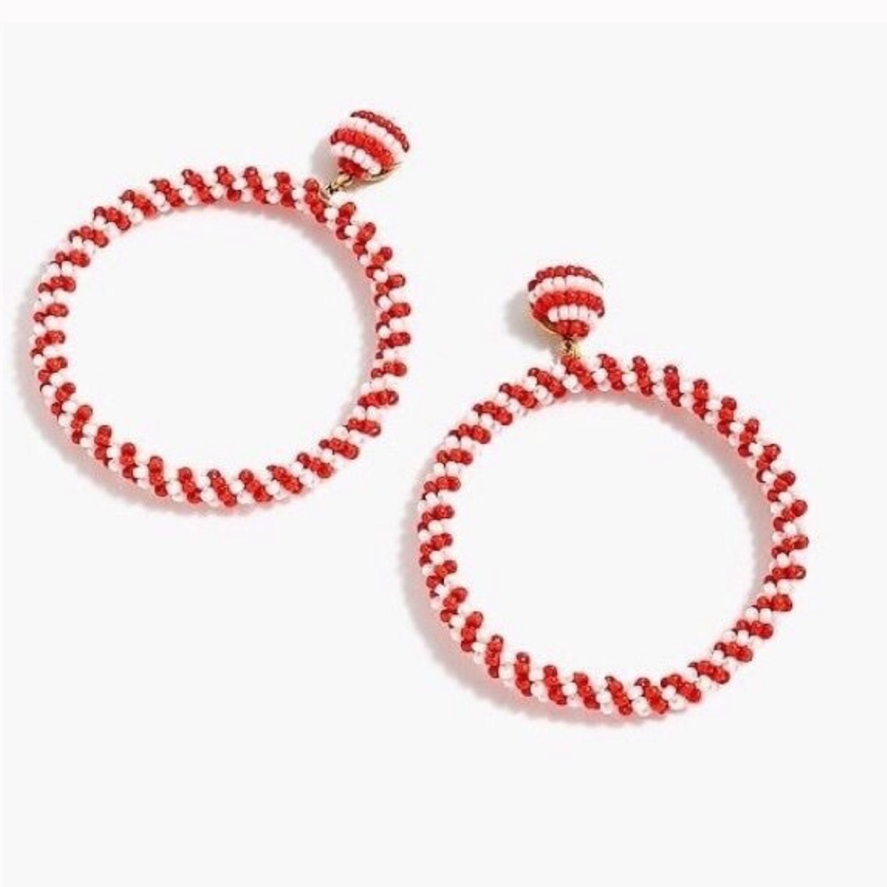J crew Red (coralish) and white beaded drop hoops